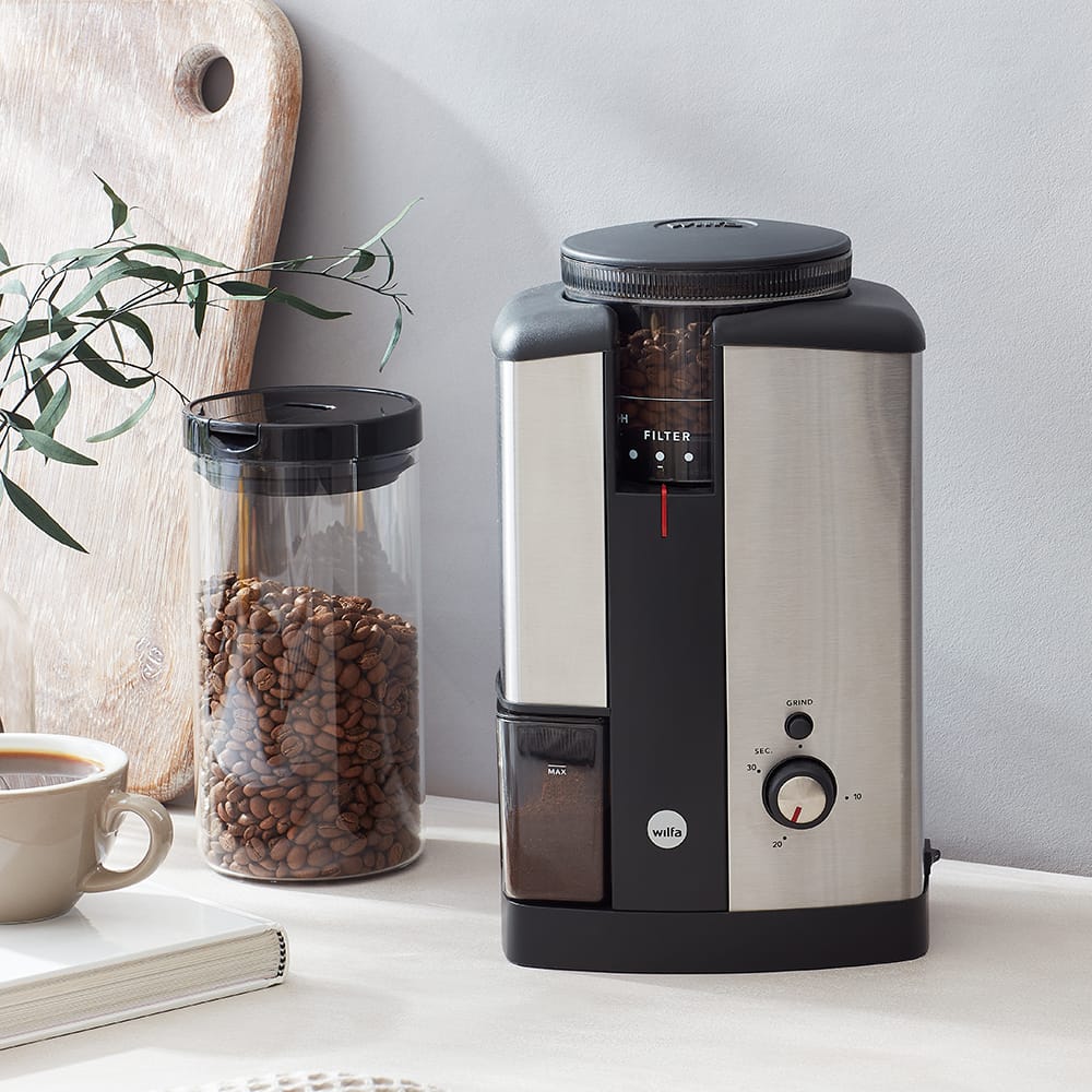 Close-Up of Coffee Grinder - Detail shot of the Wilfa Svart Coffee Grinder’s sleek design.