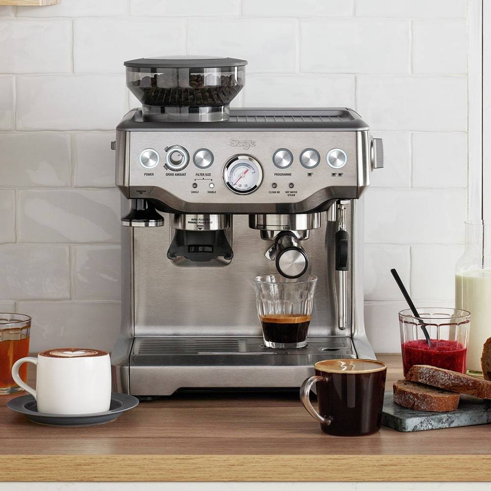 Close-up of the integrated conical burr grinder on Sage Barista Express.