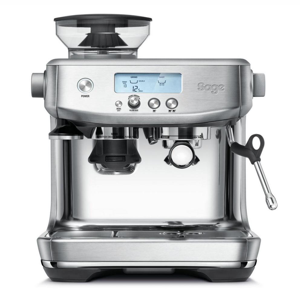 Front view of Sage The Barista Pro Espresso Machine in stainless steel with LCD display.