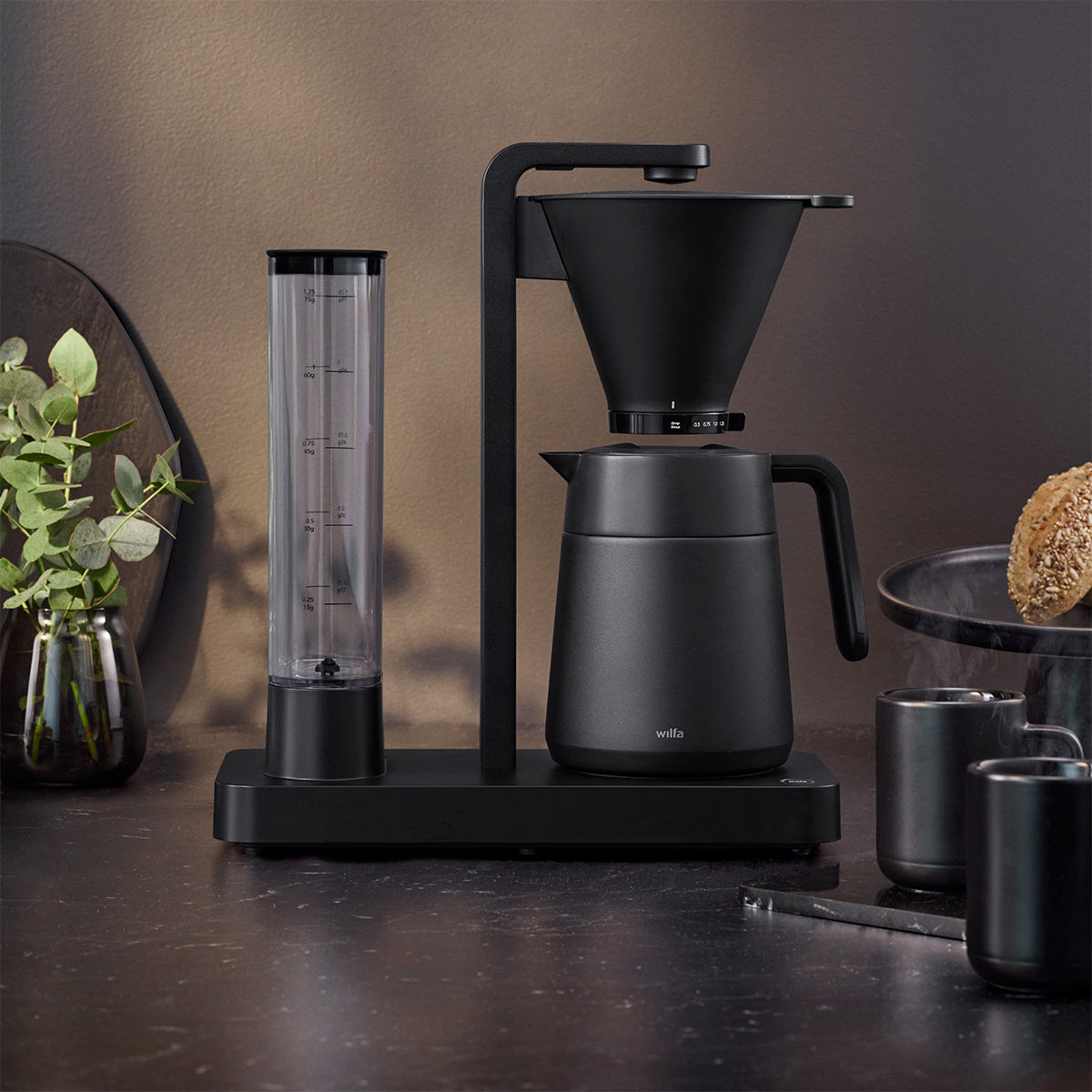 Wilfa Performance Thermo Coffee Maker - A sleek stainless steel coffee maker with a thermal jug for hot coffee.