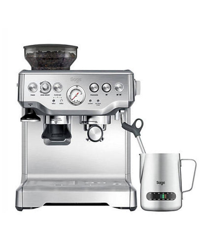 Front view of Sage Barista Express Espresso Machine with Temp Control Milk Jug.