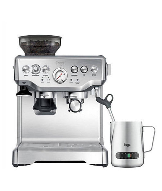 Front view of Sage Barista Express Espresso Machine with Temp Control Milk Jug.
