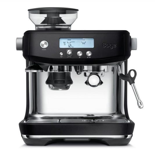 Front view of Sage The Barista Pro Espresso Machine in Black Truffle with LCD interface.