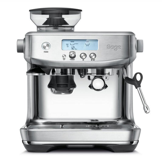 Front view of Sage The Barista Pro Espresso Machine in stainless steel with LCD display.