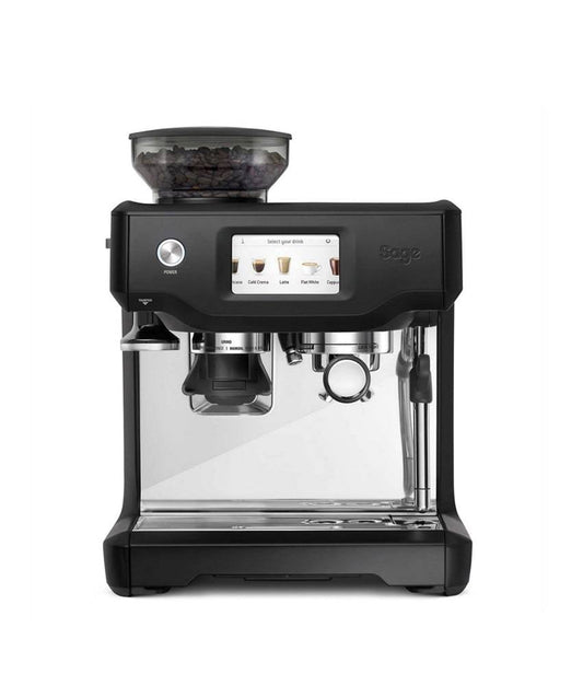Sage Barista Touch Espresso Machine in black truffle finish on kitchen counter.
